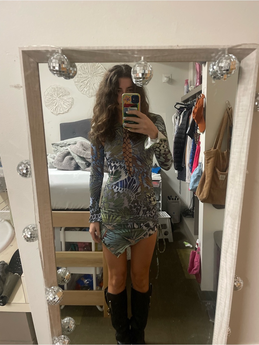 Jaded London Green Blue Tropical Lace-Up Bodycon Mini Dress